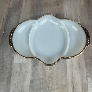 Vintage Anchor Hocking Fire King Milk Glass Divided Relish Tray Gold Trim